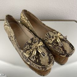 STUART WEITZMAN Gold Brown Leather Snakeskin Print Tassel Casual Slip On Loafers