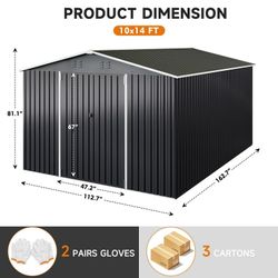 10x14 FT Outdoor Storage Shed, Large Metal Garden Shed with Side Door, Outside Tool Sheds with 3 Lockable Hinged Doors, Waterproof Storage Building wi