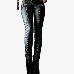 Gothic Punk Faux Leather Pants Lace Up Skinny PU Leather Leggings Rock Club Moto Legging Trousers