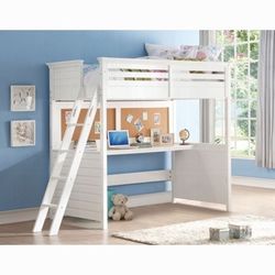 WHITE FINISH TWIN SIZE LOFT BED WORKSTATION DESK CORK-BOARD REVERSIBLE LADDERS LITERA CAMA
