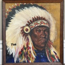 Incredible c1960s Native American Indian in Headdress Oil Painting by Fladd