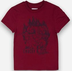 Chucky & Tiff Forever maroon graphic short-sleeve t-shirt featuring Chucky and Tiffany from “Child's Play / Bride of Chucky” in purple, Women’s size X
