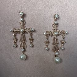 WOMEN CHRISTIE LAUREN CRISS CROSS EARRING TRIPLE DIP GOLD PEARL ($195) BEST OFFER