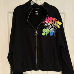 Justice Black Zip-Up Hoodie with Colorful Graphics