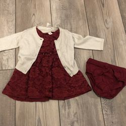 Baby Girl Maroon Lace Dress & Silver Cardigan