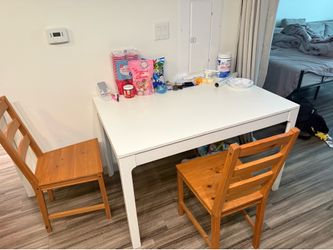 IKEA White Extendable Dining Table + 2 Wooden Chairs – Great Condition