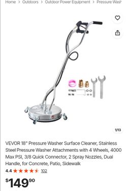 VEVOR 18" Pressure Washer Surface Cleaner, Stainless Steel Pressure Washer Attachments with 4 Wheels, 4000 Max PSI, 3/8 Quick Connector, 2 Spray Nozzl