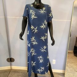 Back East Inc Blue Bamboo Print Maxi Dress – Size Large – Aloha Hawaiian Vibe Rayon Side Slit