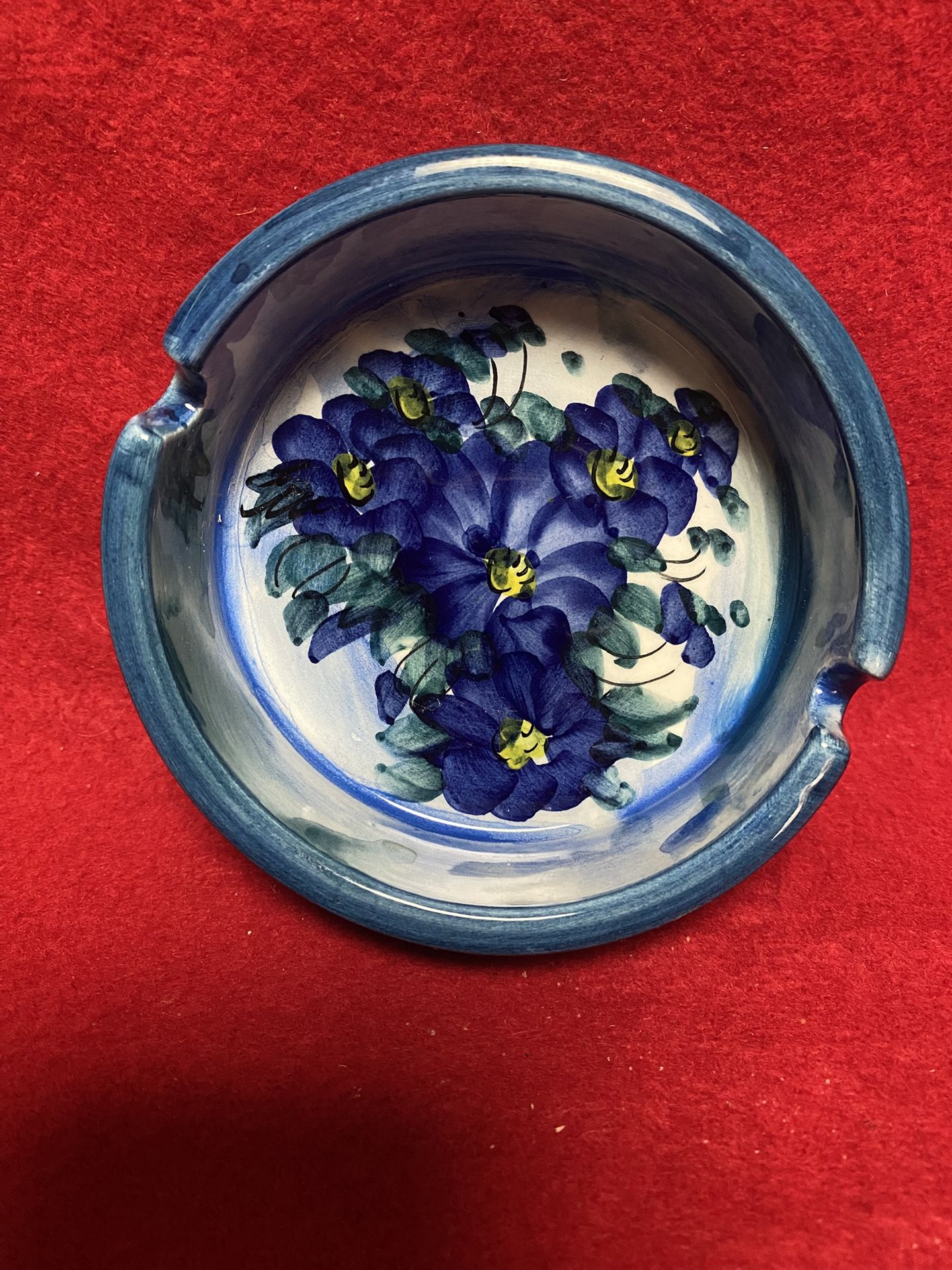 Set of 2 4 Inch Handmade Hand Painted Blue Ceramic Greek Floral Design Ashtrays Imported From Greece