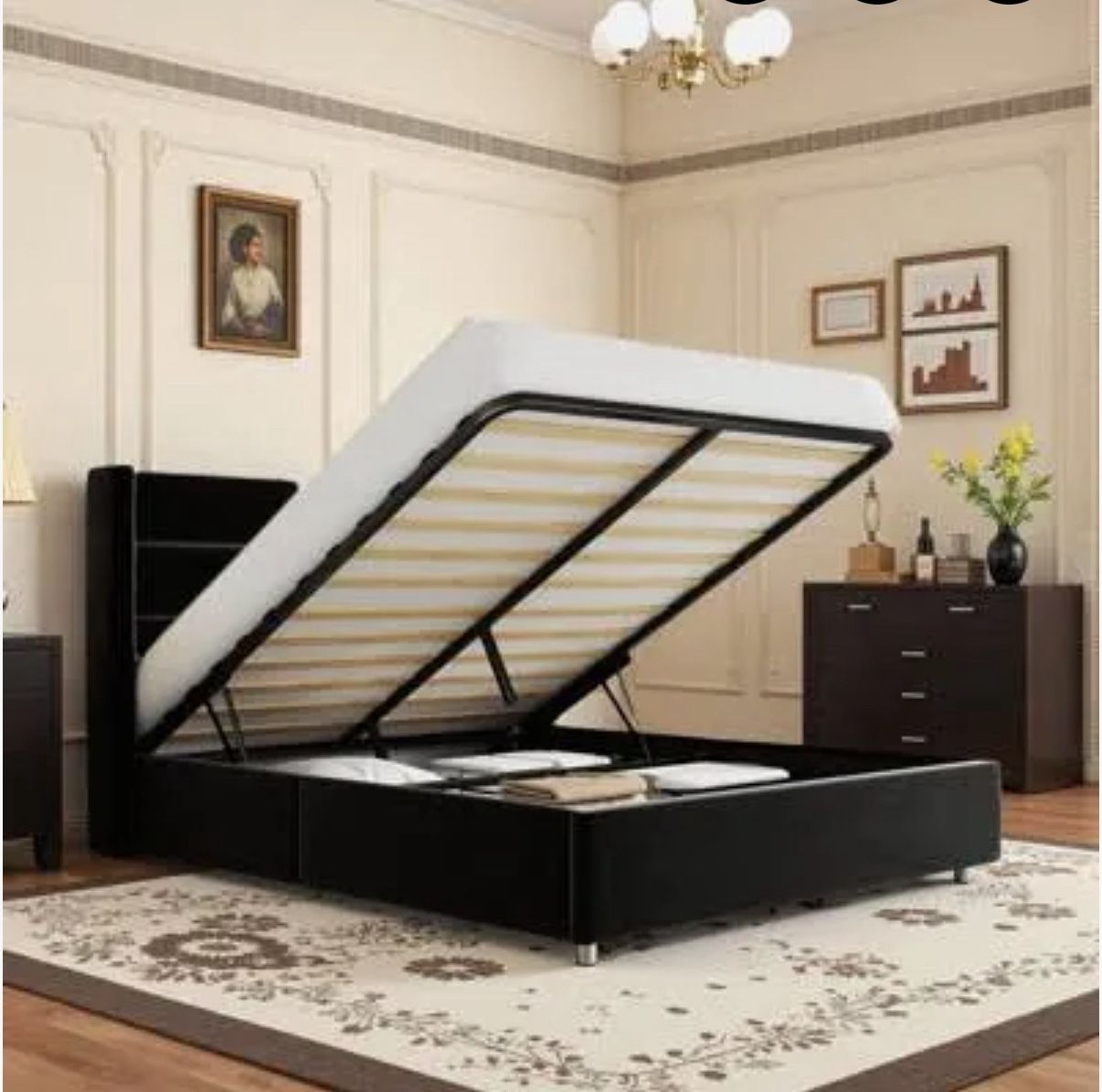 Queen Black Velvet Lift Top Bed