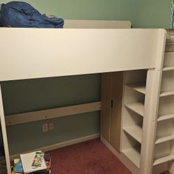Loft Bed Twin Size with Storage Shelves And Wardrobe Closet