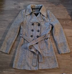 Jennyfer J Herringbone Peacoat Jacket Belted Double Breasted Tweed Trench S