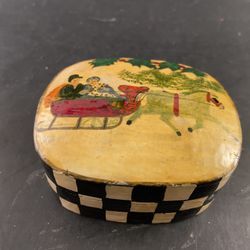 Vintage Hand Painted Lacquered Trinket Box With Christmas Scene-Perfect for that special gift!