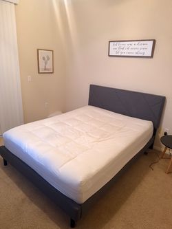 Gray Upholstered Platform Bed Frame and Queen Mattress