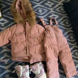 2T Pink Winter Snow Suit & Unicorn Boots – 3-Piece Bundle