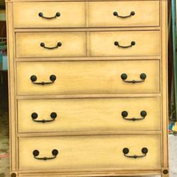 Tall Distressed Wood Dresser w/5 drawers + black metal handles