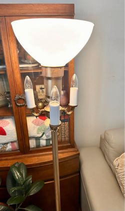 61" Brass 4-Light Torchiere Floor Lamp With Waffle Milk Glass Diffuser Shade And Dual Switches