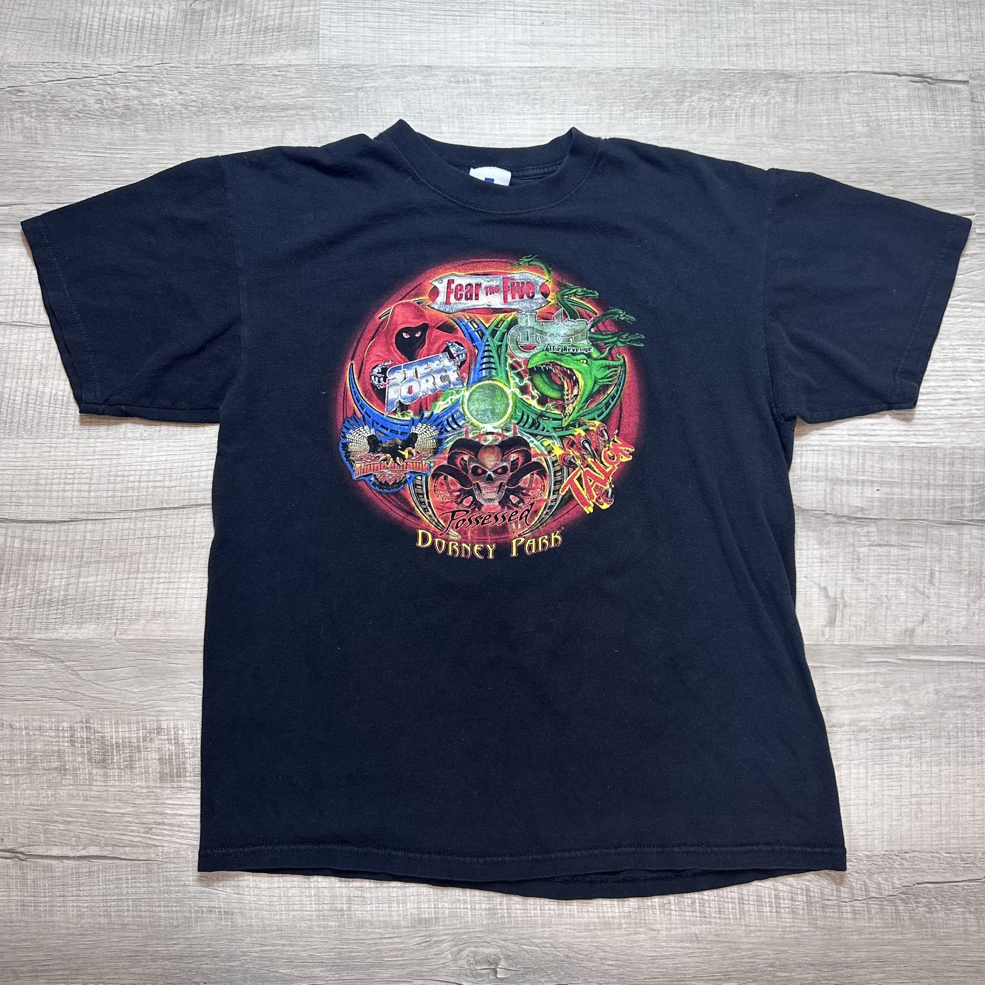 Vintage Fear the Five Dorney Park Black T-Shirt Large Amusement Park Graphic Tee