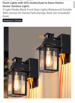 2-Pack Motion Sensor Outdoor Lights with Built-In GFCI Outlets - Black Sconces