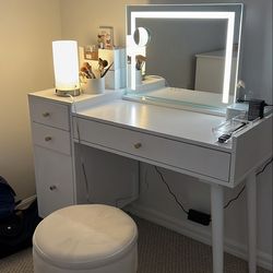 Vanity desk set with LED mirror and stool
