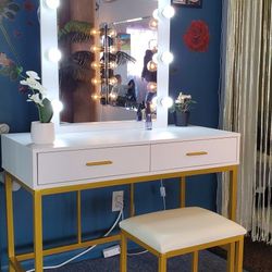 Makeup Vanity Table With Mirror Light And Chair 