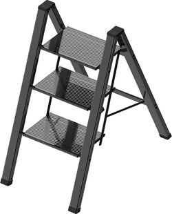 B935 $50  3 Step Ladder, Portable Step Ladder Folding, Lightweight Step Ladder with Anti-Slip Pedal, Aluminum Indoor and Closet, Kitchen, 330lbs - Bla
