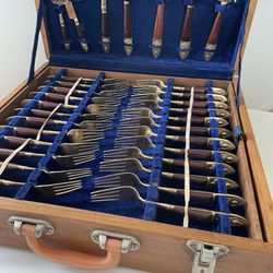 Vintage Wood-handled Solid Brass 81 Piece Flatware Set