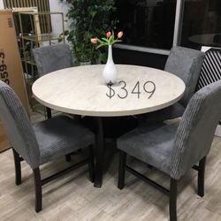 5-Pc Round Dining Set With Grey Corduroy Upholstered Chairs