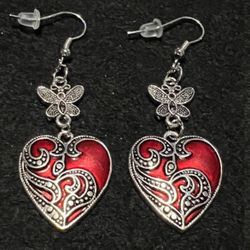 Enamel Blood Red Heart with Butterfly - Silver Titanium Gothic Punk Steampunk Earrings 1.5x.8