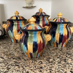 Colorful Ceramic Kitchen Canister Set w/ Lids- Decorative Storage Jars (set Of 4)