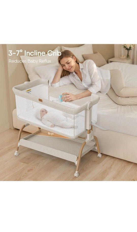 3-in-1 Bassinet Bedside Sleeper W. Mattress & Soft Breathable Sheet, Mesh Sides & Adjustable Height