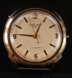 Ulysse Nardin Automatic Chronometer Watch
10K Gold-plated
In perfect working order
Missing the crown and part of the strap attachment piece