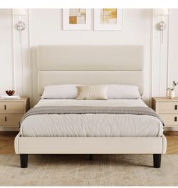 Full Size Platform Bed Frame with Velvet Headboard, Adjustable Height Wooden Slats Support, Upholstered Mattress Foundation, Fits Mattress or Mattress