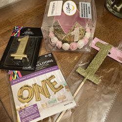1 year birthday supplies, Crown, Balloons, Candle, Cake topper 