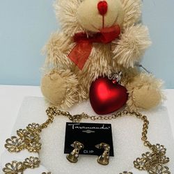 $15 Valentines Gift!  Heart on Sleeve Teddy Bear and Gorgeous Jewelry Set!