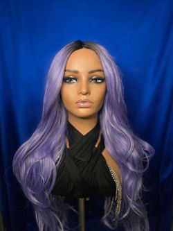 24"Long Wavy Lavender purple  Ombre dark roots Wig lace front glueless synthetic hair wig