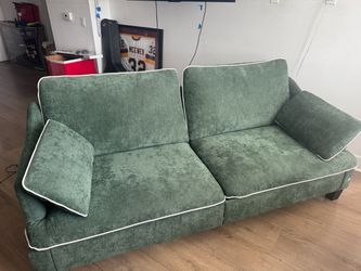Green Chenille Sofa with White Piping