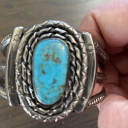 Old Chinese Silver And Turquoise Bracelet 