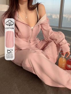 Women's Solid Color Zip-Up Hooded Sweatshirt And Pants Casual 2 Pieces Set
