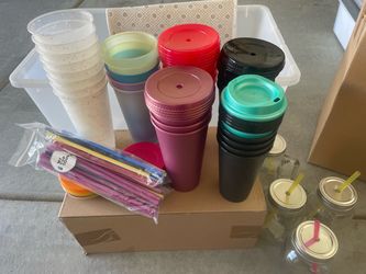 Glass Mason Jar Mugs and Plastic Cups with Lids and Straws