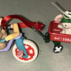 2 Hallmark Keepsake Ornaments 1985 Beary Smooth Ride & 1985 Mouse Wagon No Box