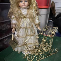 Beautiful Angel Porcelain Doll And Sleigh 