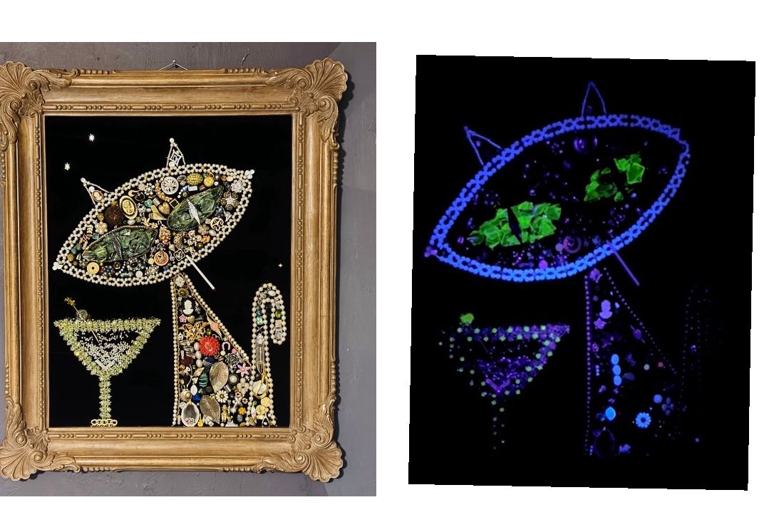 I SPY Uranium Glass Jewelry Art LUCKY Atomic Smoking Cat Picture W/Martini!