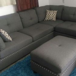 New Gray Linen Fabric Sectional Sofa Couch With Ottoman 