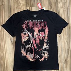 Spiderman Men's Graphic Crew Neck T-Shirt Size L Black Suit Swing Marvel Comicon