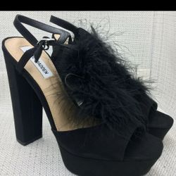 Steve Madden Tricia Black Leather Suede Faux Fur Platinum High Heels Size 6.5