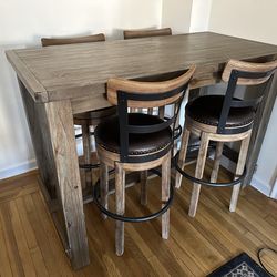 Bar Height Wood Table and 4 Swivel Chairs