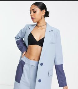 NWOT 4th + Restless colorblock light blue lined single breasted blazer, size 2 Petite