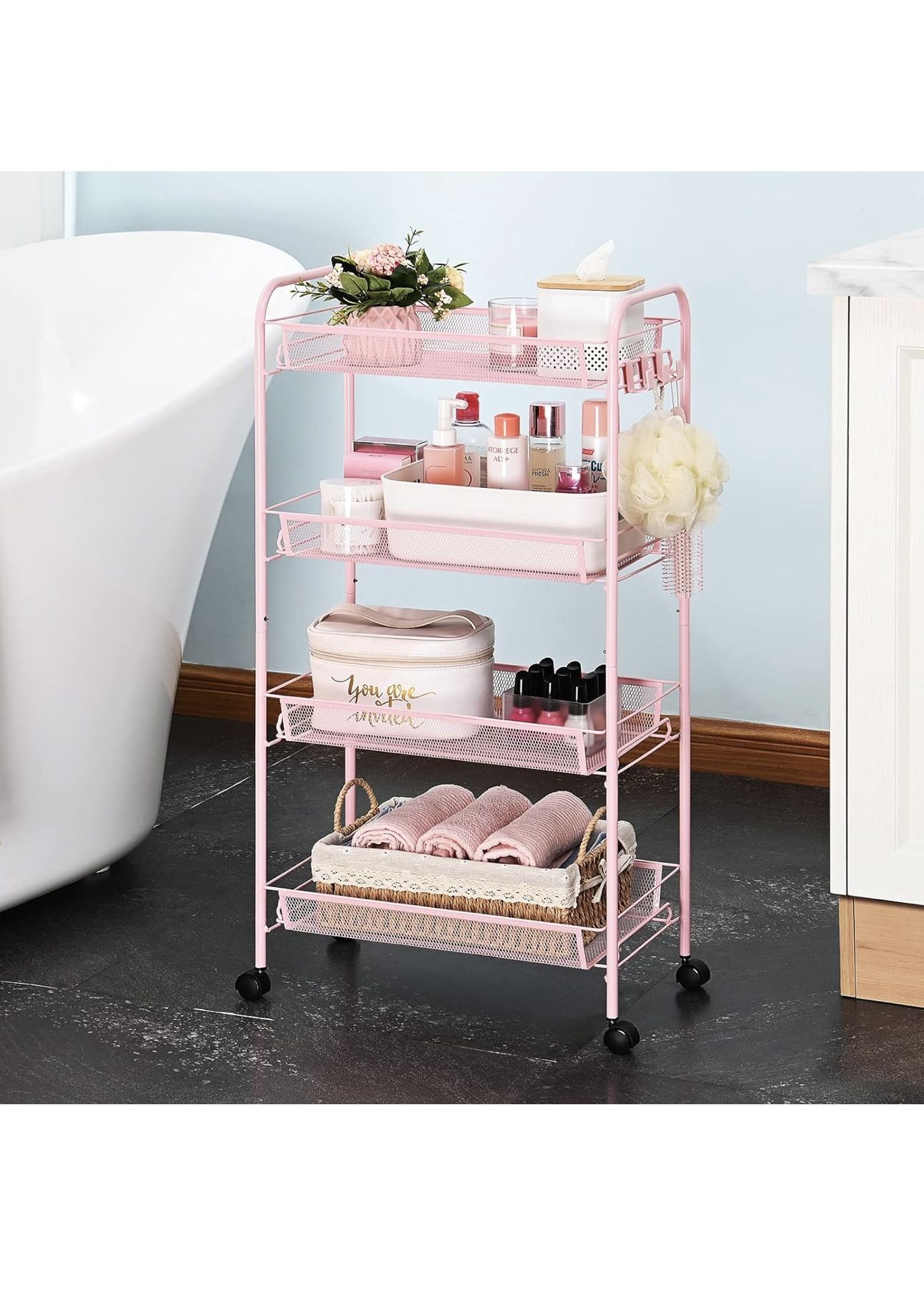 TOOLF 4-Tier Rolling Cart, Metal Utility Cart with 3 Hooks, Easy Assemble Mobile Storage Trolley