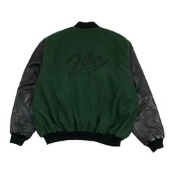 VINTAGE FILA BOMBER JACKET 2XL XXL GREEN FAUX LEATHER SPELL OUT HIP HOP 2PAC 90s